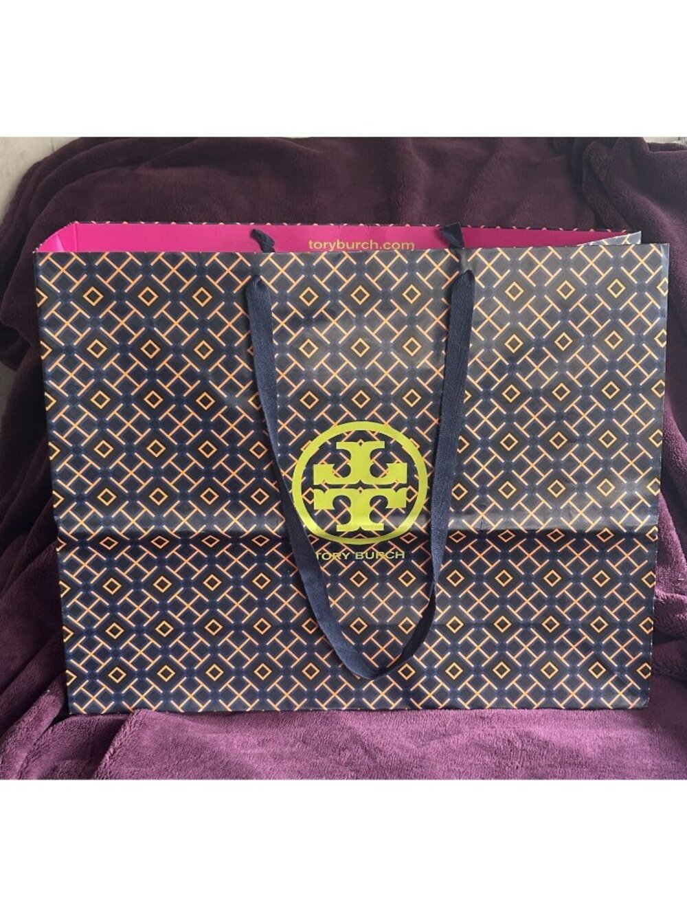 Tory Burch Geometric Logo Shopping Gift Bag Navy Orange Extra Large 20 x15.5 x 6